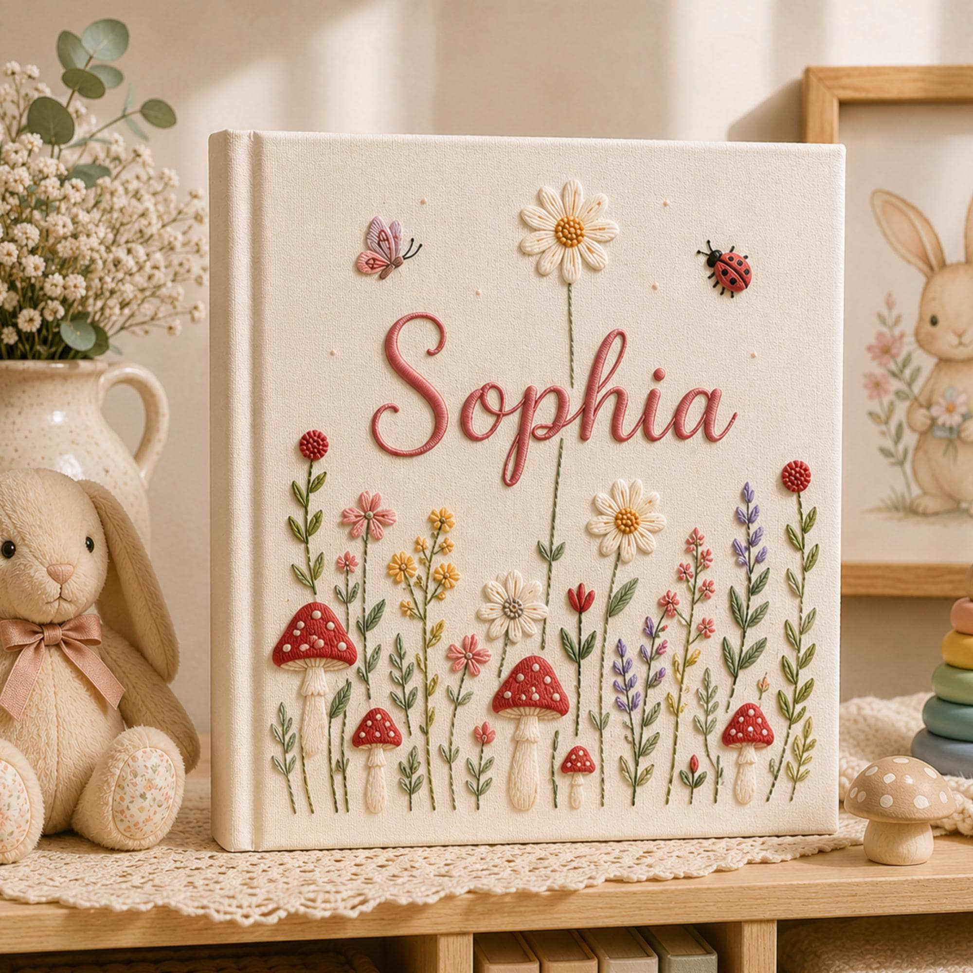 Hand Embroidered Baby Photo Album With Sleeves, Personalized Linen Baby Memory Book, Mushroom Floral Album Keepsake, Baby Shower Gift
