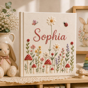 Hand Embroidered Baby Photo Album With Sleeves, Personalized Linen Baby Memory Book, Mushroom Floral Album Keepsake, Baby Shower Gift