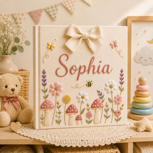 Personalized Embroidered Baby Photo Album, Floral Butterfly Keepsake Scrapbook, Minimal Floral Memory Book Keepsake, Neutral Nursery Gift