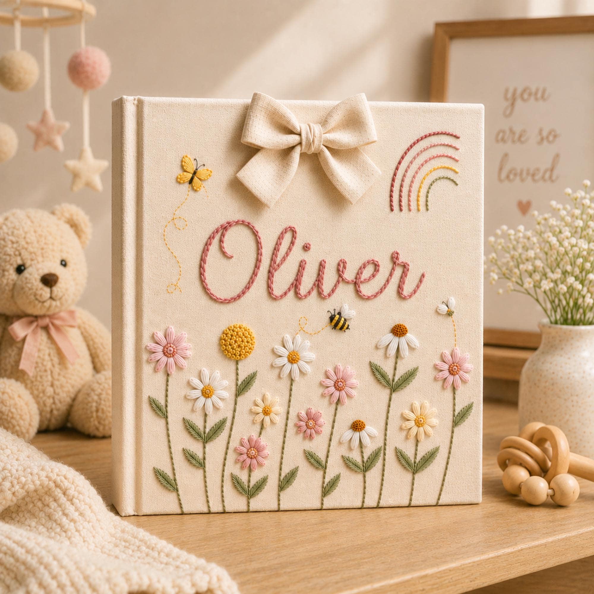 Personalized Embroidered Baby Photo Album, Floral Butterfly Keepsake Scrapbook, Minimal Floral Memory Book Keepsake, Neutral Nursery Gift