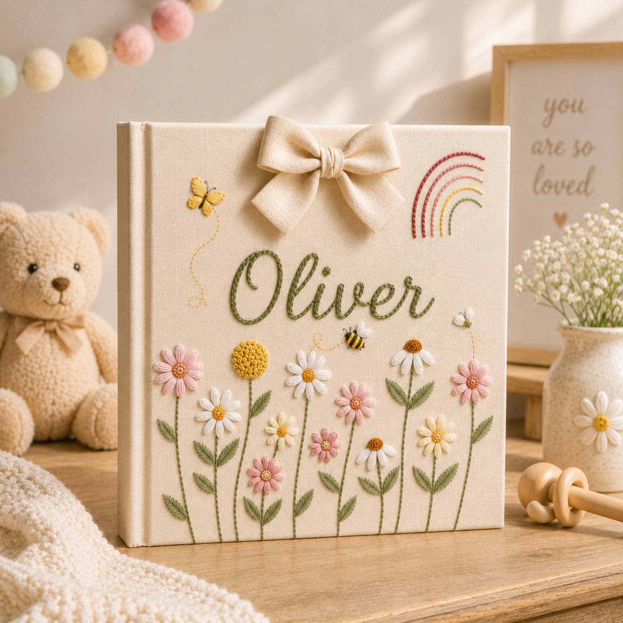 Personalized Embroidered Baby Photo Album, Floral Butterfly Keepsake Scrapbook, Minimal Floral Memory Book Keepsake, Neutral Nursery Gift