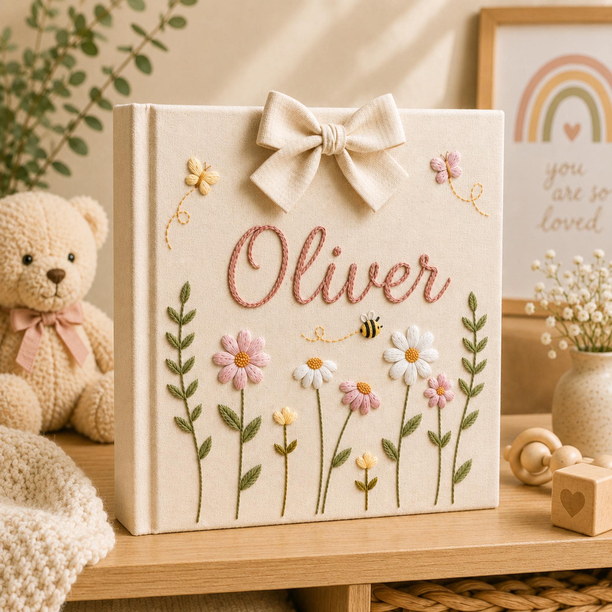 Personalized Embroidered Baby Photo Album, Floral Butterfly Keepsake Scrapbook, Minimal Floral Memory Book Keepsake, Neutral Nursery Gift