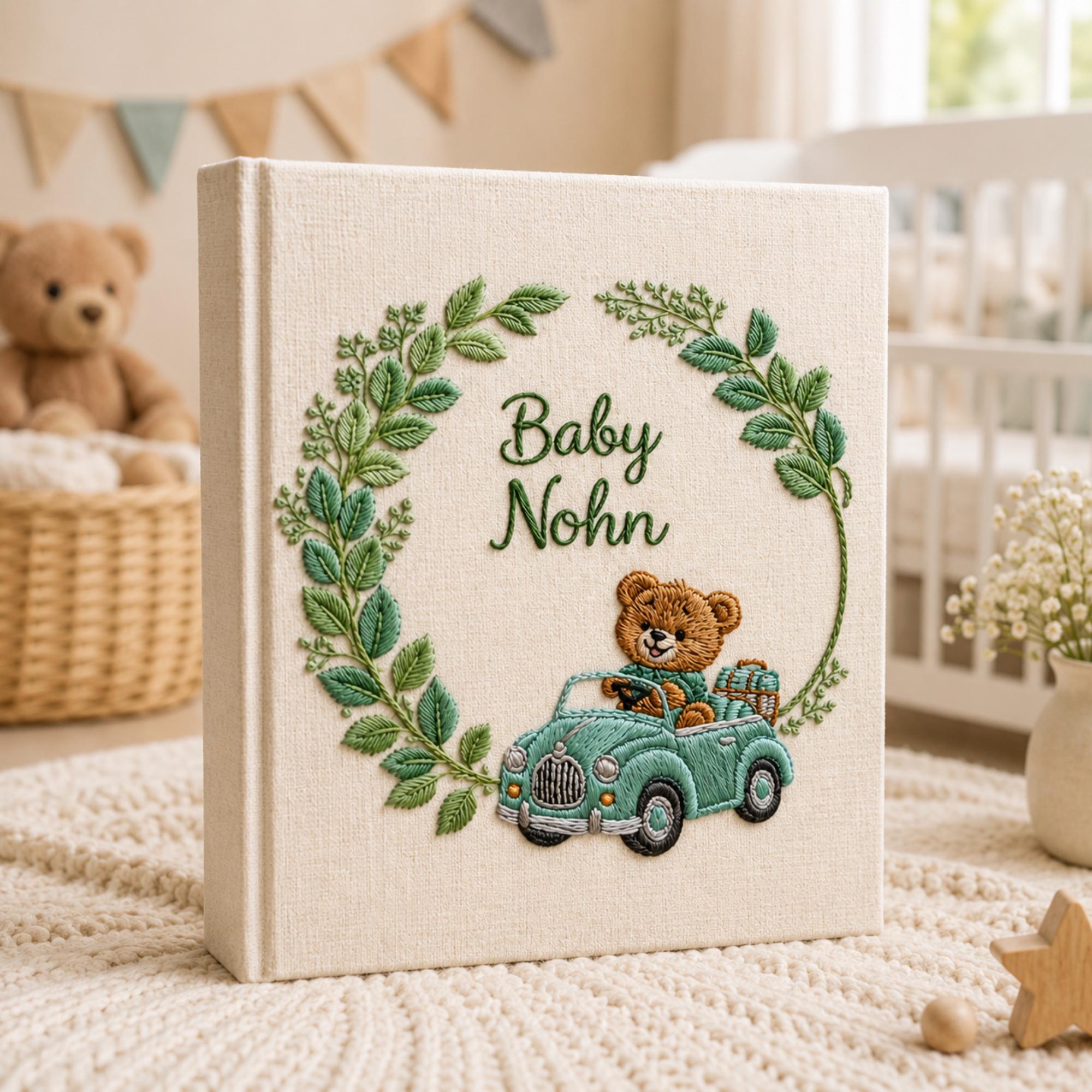 Hand Embroidered Linen Baby Photo Album, Teddy Bear Hot Air Balloon Car Memory Book, Newborn Keepsake Album, Baby Shower Gift