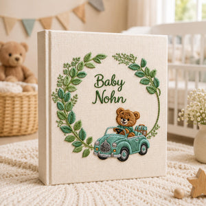 Hand Embroidered Linen Baby Photo Album, Teddy Bear Hot Air Balloon Car Memory Book, Newborn Keepsake Album, Baby Shower Gift