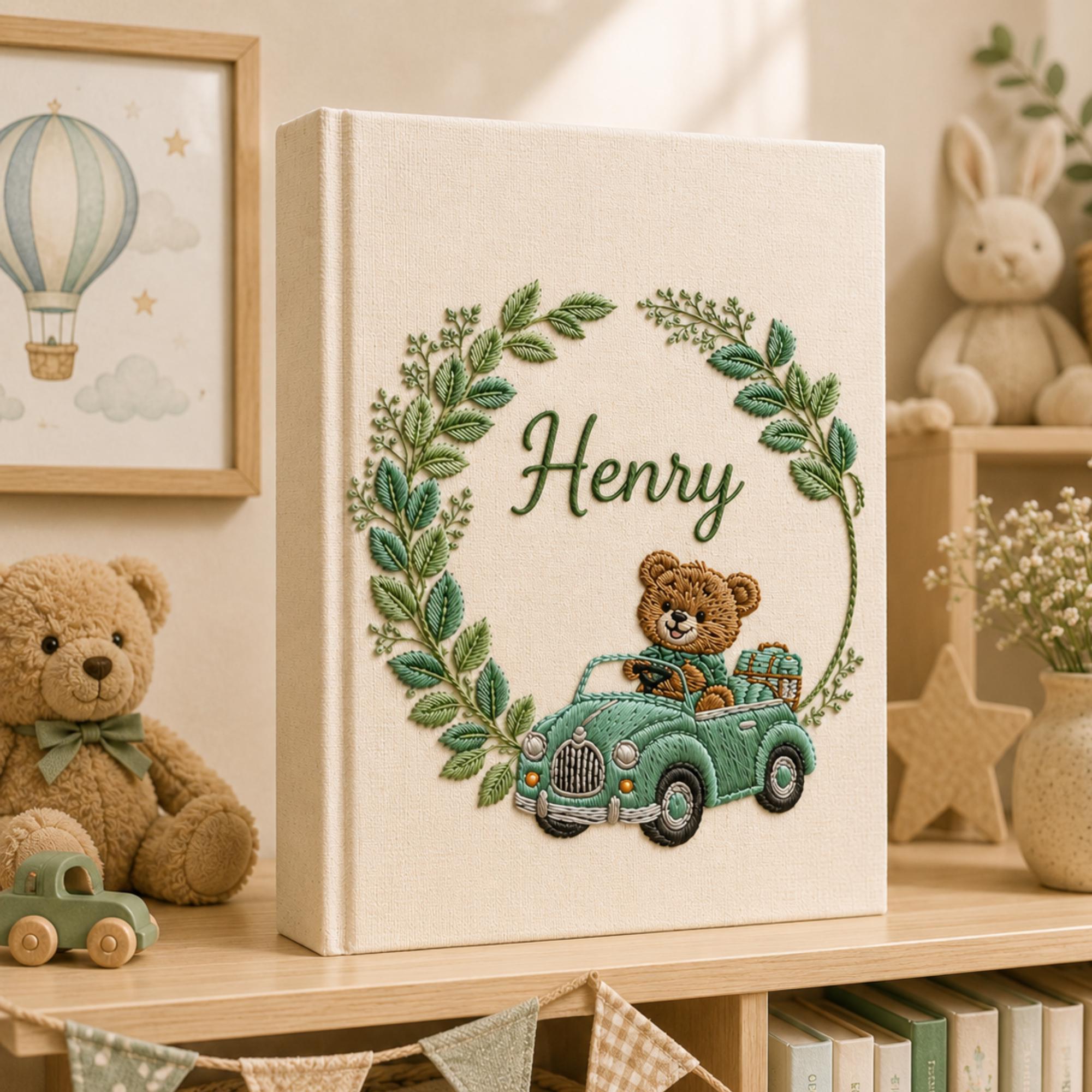 Hand Embroidered Linen Baby Photo Album, Teddy Bear Hot Air Balloon Car Memory Book, Newborn Keepsake Album, Baby Shower Gift