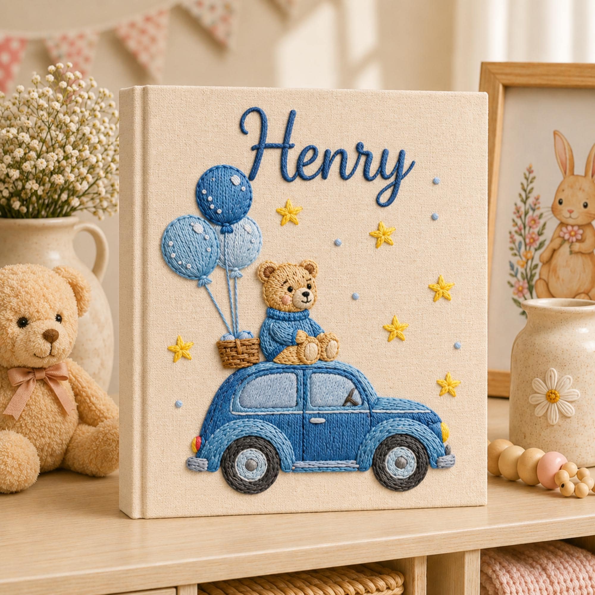 Hand Embroidered Linen Baby Photo Album, Teddy Bear Hot Air Balloon Car Memory Book, Newborn Keepsake Album, Baby Shower Gift