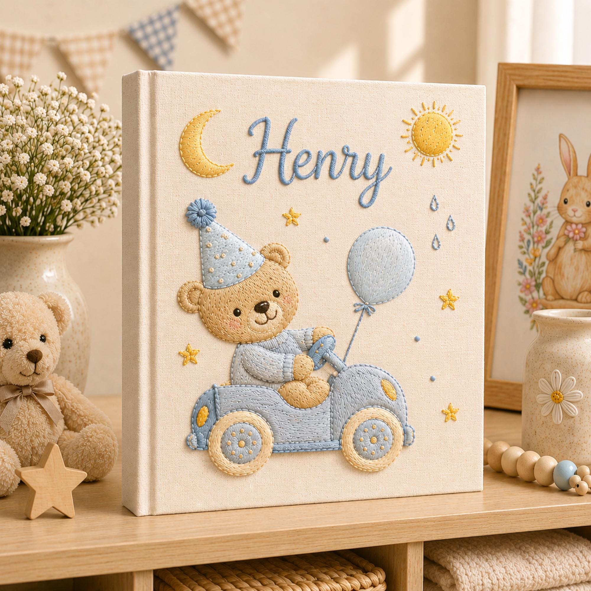Hand Embroidered Linen Baby Photo Album, Teddy Bear Hot Air Balloon Car Memory Book, Newborn Keepsake Album, Baby Shower Gift