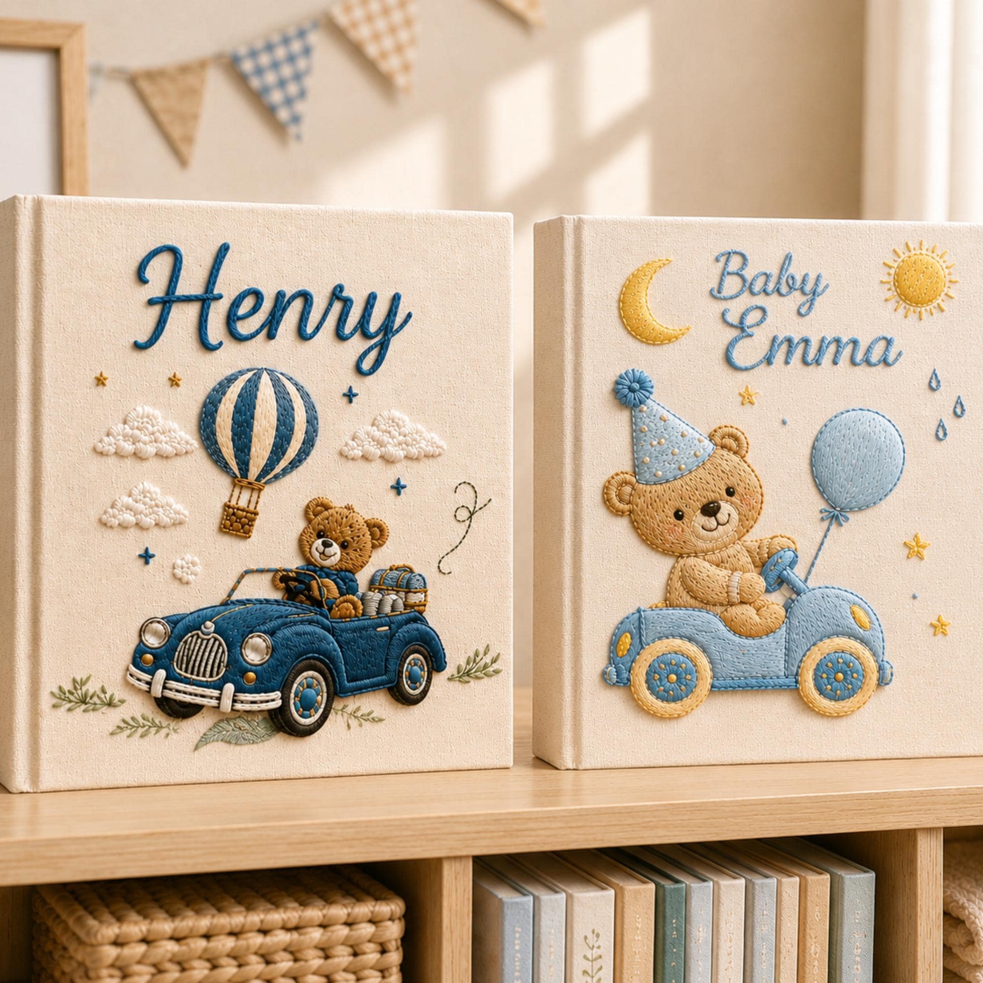 Hand Embroidered Linen Baby Photo Album, Teddy Bear Hot Air Balloon Car Memory Book, Newborn Keepsake Album, Baby Shower Gift