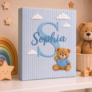 Hand Embroidered Baby Photo Album with Teddy Bear, Teddy Bear Balloon Linen Keepsake Memory  Book, Baby Shower Gift, Girl Nursery Album