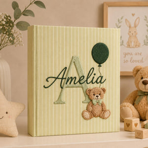 Hand Embroidered Baby Photo Album with Teddy Bear, Teddy Bear Balloon Linen Keepsake Memory  Book, Baby Shower Gift, Girl Nursery Album