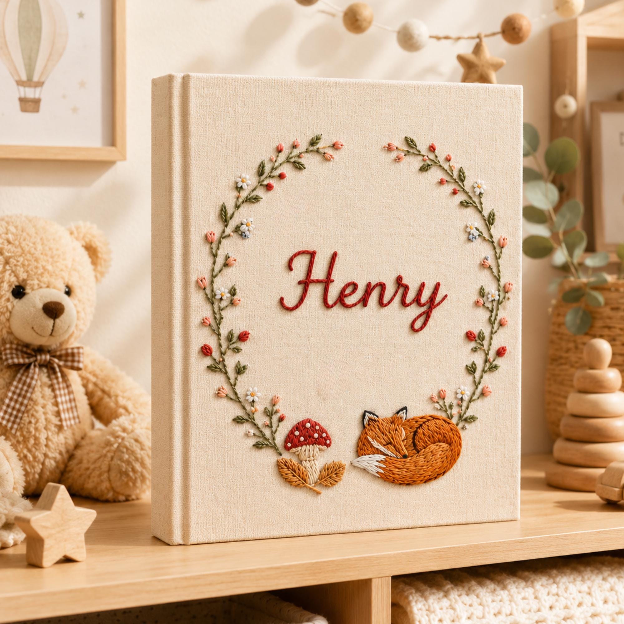 Custom Hand Embroidered Baby Photo Album With Sleeves, Linen Baby Memory Book, Fox Mushroom Woodland Baby Scrapbook Keepsake, Nursery Gift