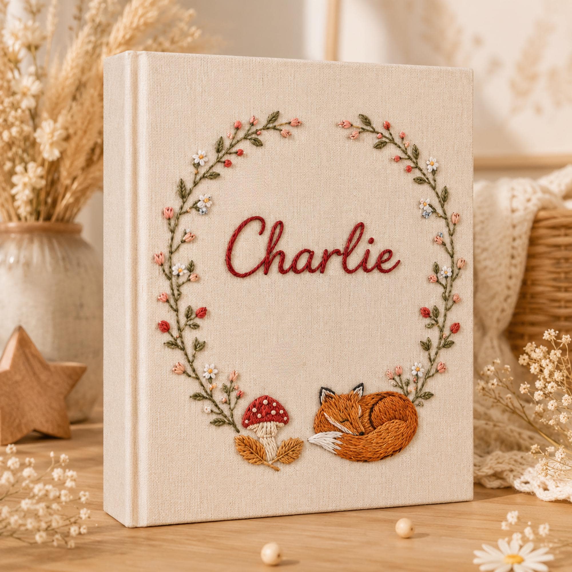 Custom Hand Embroidered Baby Photo Album With Sleeves, Linen Baby Memory Book, Fox Mushroom Woodland Baby Scrapbook Keepsake, Nursery Gift