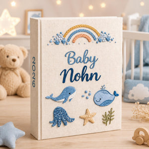 Custom Hand Embroidered Linen Baby Photo Album, Personalized Ocean Baby Memory Book, Whale Linen Keepsake Album, Newborn Keepsake Album