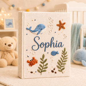 Custom Hand Embroidered Linen Baby Photo Album, Personalized Ocean Baby Memory Book, Whale Linen Keepsake Album, Newborn Keepsake Album