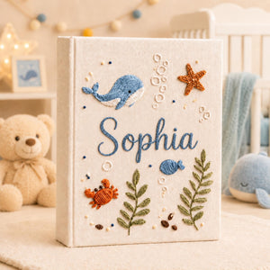 Custom Hand Embroidered Linen Baby Photo Album, Personalized Ocean Baby Memory Book, Whale Linen Keepsake Album, Newborn Keepsake Album