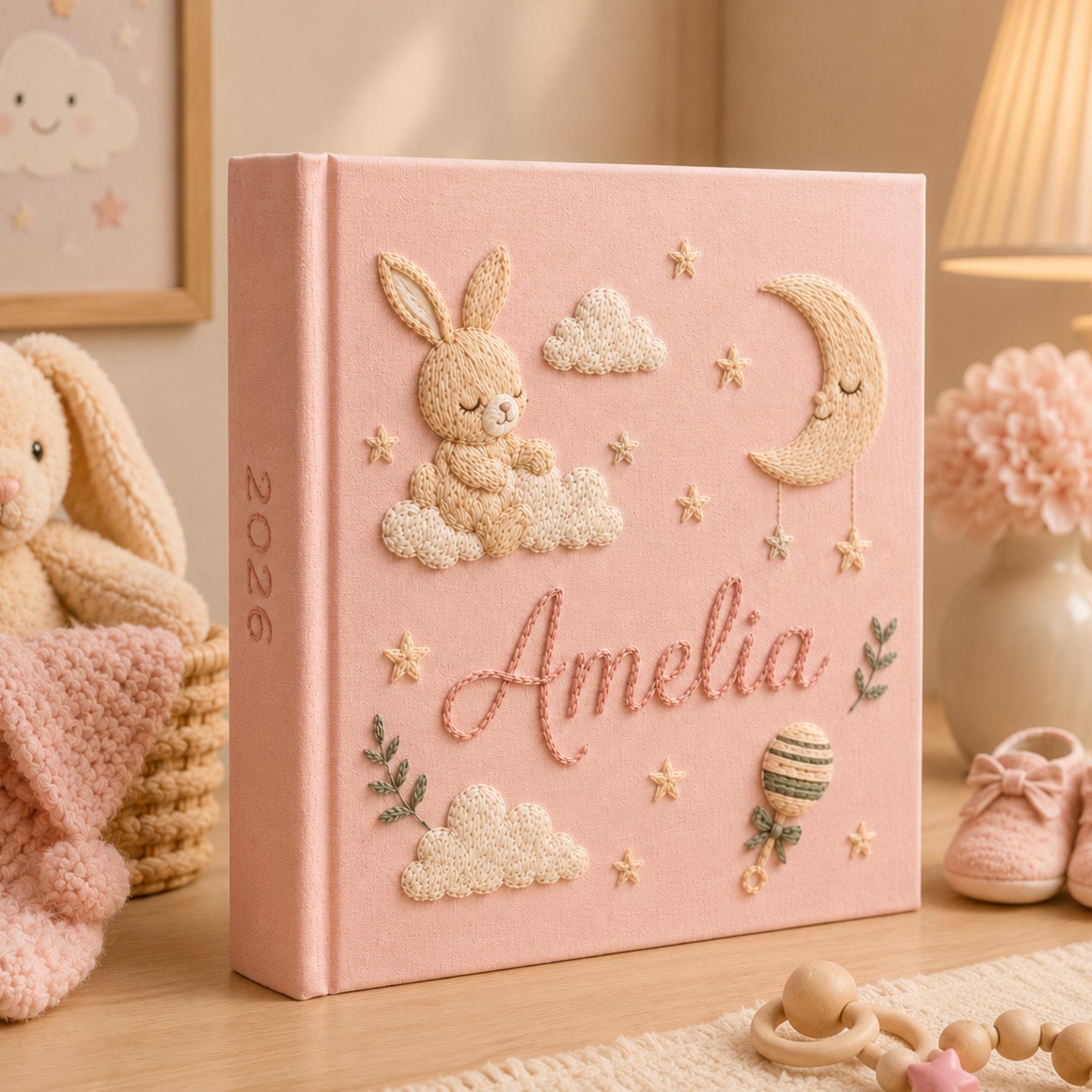 Custom Hand Embroidered Baby Photo Album, Rabbit Embroidered Keepsake Album, Personalized Bunny Memory Book, Newborn Keepsake Gift