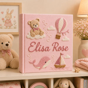 Hand Embroidered Teddy Bear Baby Photo Album, Teddy Bear Hot Air Balloon Whale Memory Book, Linen Keepsake Baby Book, Newborn Gift