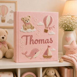 Hand Embroidered Teddy Bear Baby Photo Album, Teddy Bear Hot Air Balloon Whale Memory Book, Linen Keepsake Baby Book, Newborn Gift