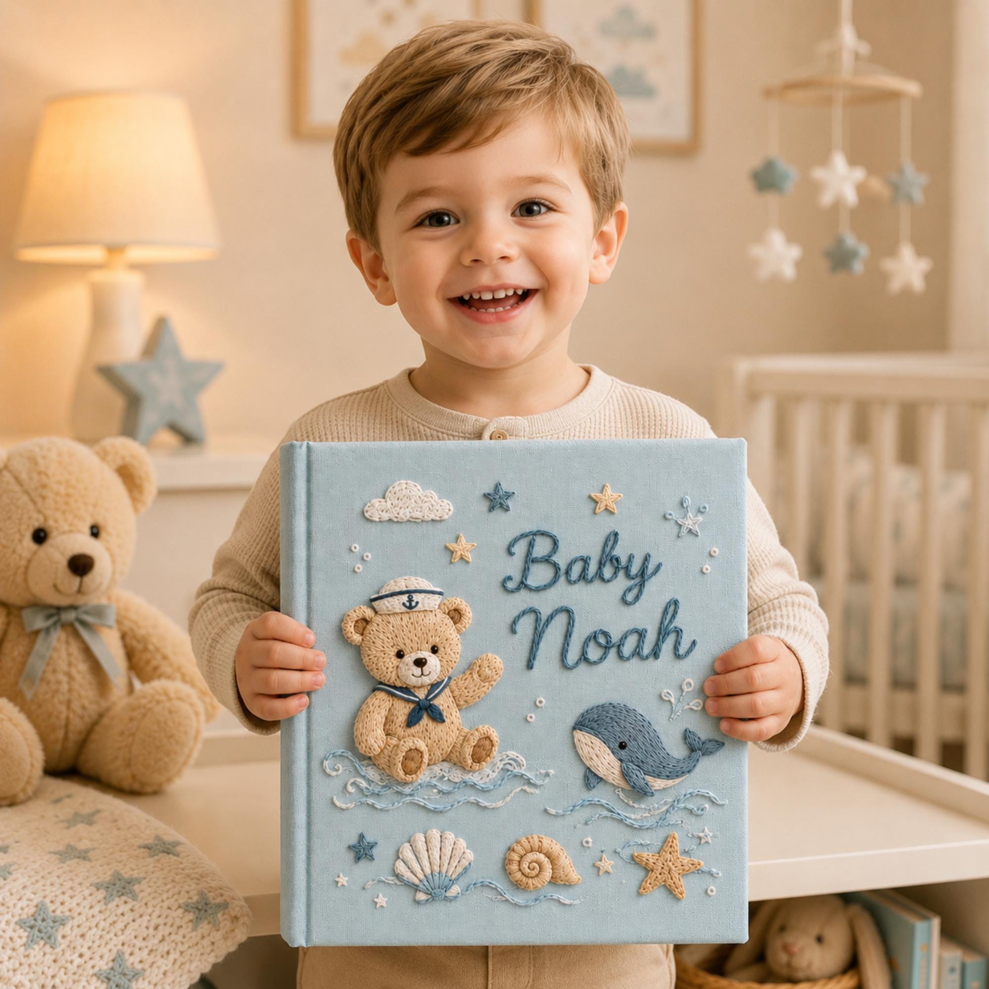 Hand Embroidered Teddy Bear Baby Photo Album, Personalized Sailor Teddy Bear Ocean Memory Book, Newborn Keepsake Gift, Nursery Decor Album