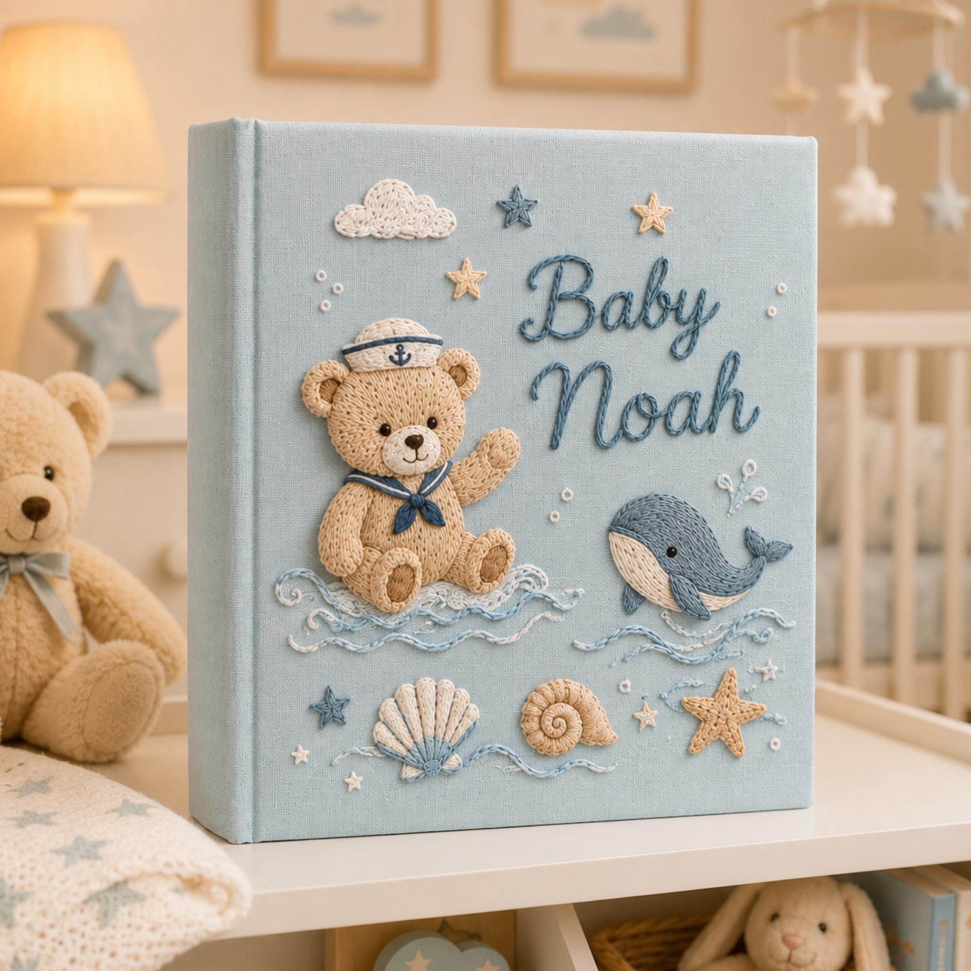 Hand Embroidered Teddy Bear Baby Photo Album, Personalized Sailor Teddy Bear Ocean Memory Book, Newborn Keepsake Gift, Nursery Decor Album