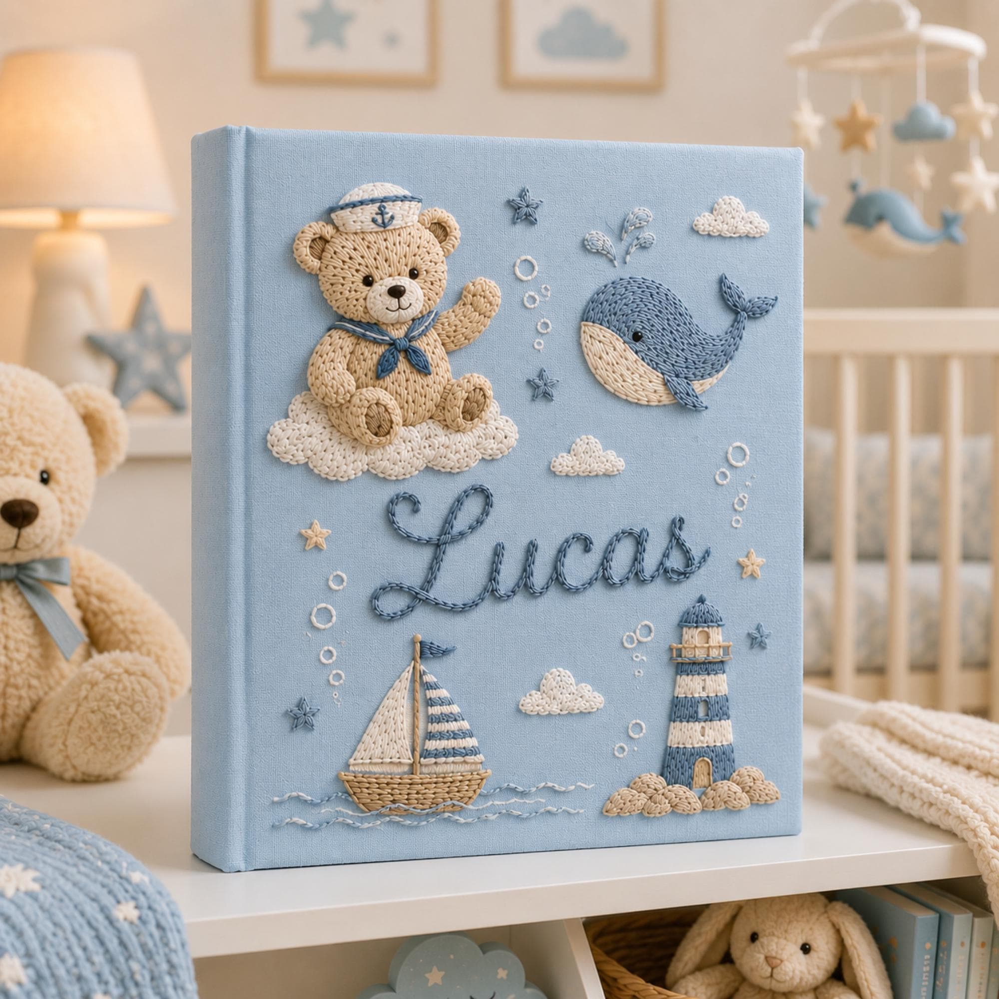 Hand Embroidered Teddy Bear Baby Photo Album, Personalized Sailor Teddy Bear Ocean Memory Book, Newborn Keepsake Gift, Nursery Decor Album