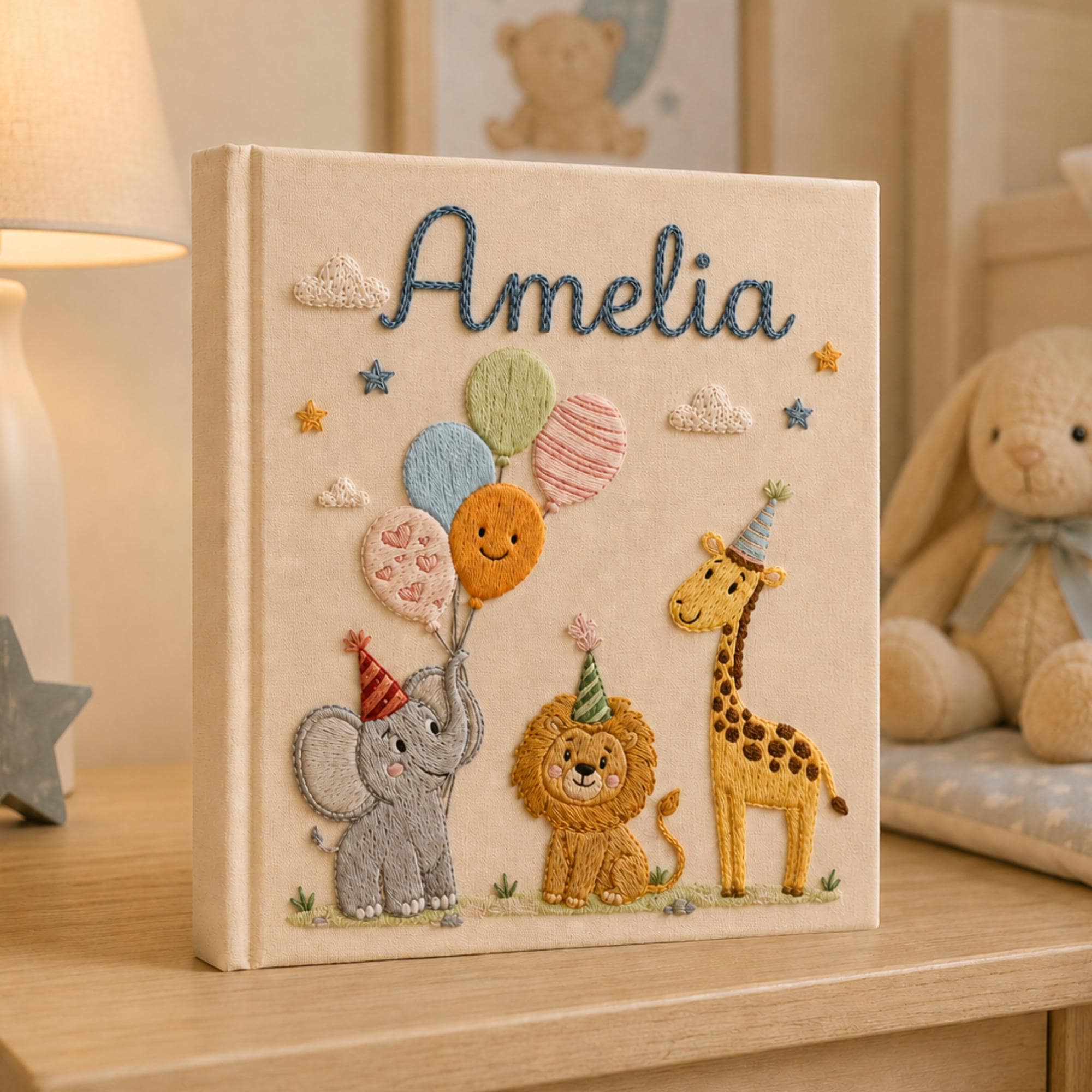 Custom Hand Embroidered Baby Photo Album, Safari Keepsake Memory Book With Sleeves, Birthday Baby Photo Album, Newborn Keepsake Album