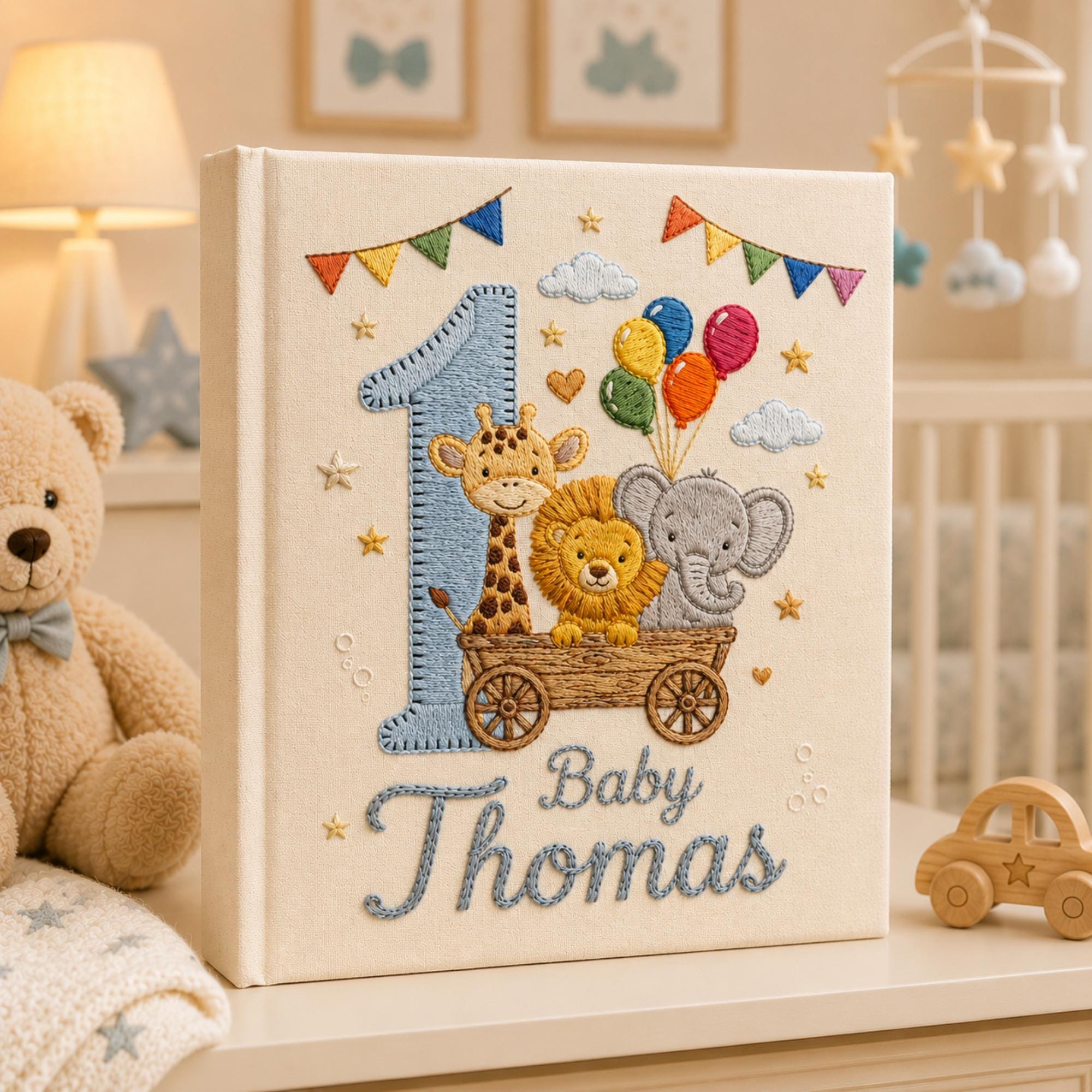 Custom Hand Embroidered Baby Photo Album, Safari Keepsake Memory Book With Sleeves, Birthday Baby Photo Album, Newborn Keepsake Album