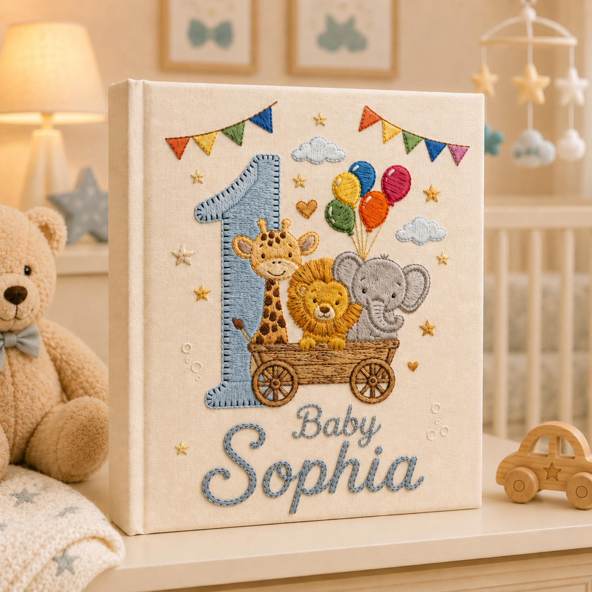 Custom Hand Embroidered Baby Photo Album, Safari Keepsake Memory Book With Sleeves, Birthday Baby Photo Album, Newborn Keepsake Album