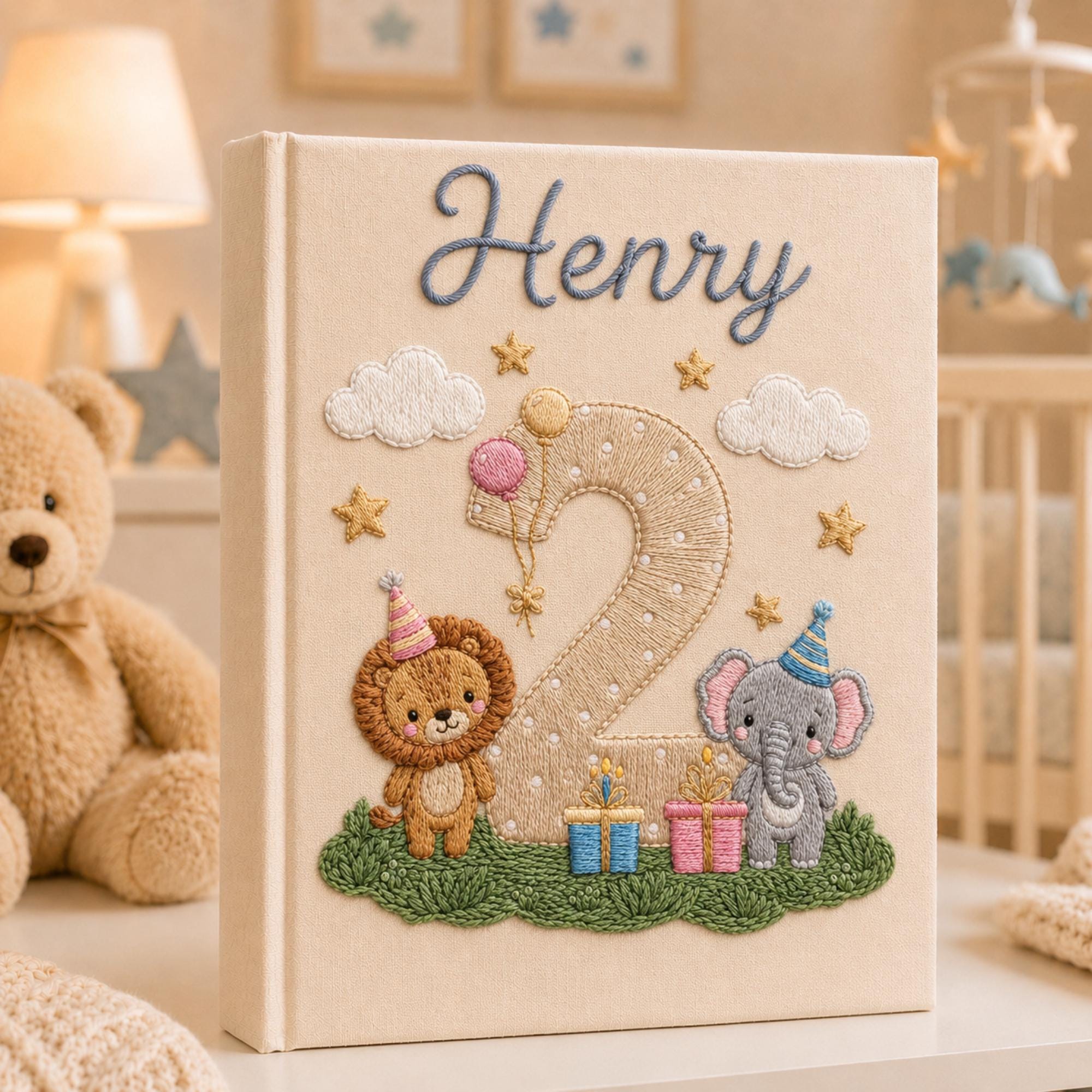 Custom Hand Embroidered Baby Photo Album, Safari Keepsake Memory Book With Sleeves, Birthday Baby Photo Album, Newborn Keepsake Album