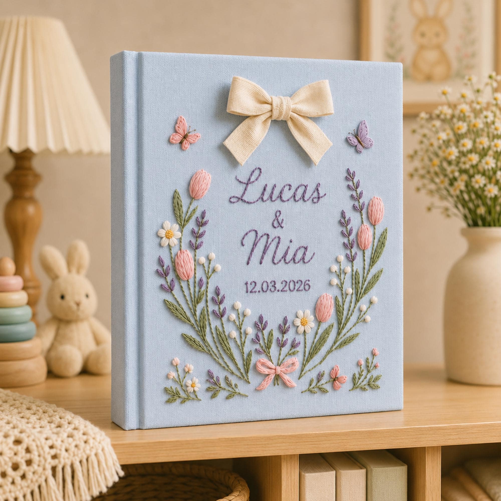 Custom Hand Embroidered Photo Album With Sleeves, Floral Wedding Keepsake Album, Linen Baby Memory Book, Anniversary Gift Photo Album