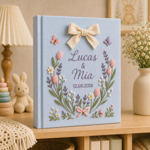 Custom Hand Embroidered Photo Album With Sleeves, Floral Wedding Keepsake Album, Linen Baby Memory Book, Anniversary Gift Photo Album
