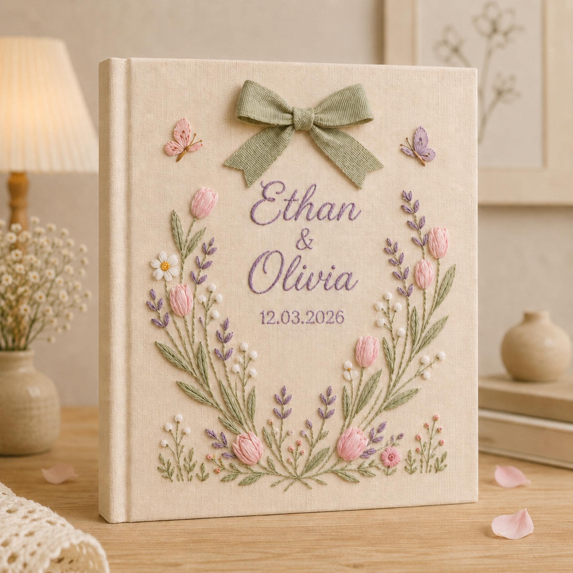 Custom Hand Embroidered Photo Album With Sleeves, Floral Wedding Keepsake Album, Linen Baby Memory Book, Anniversary Gift Photo Album
