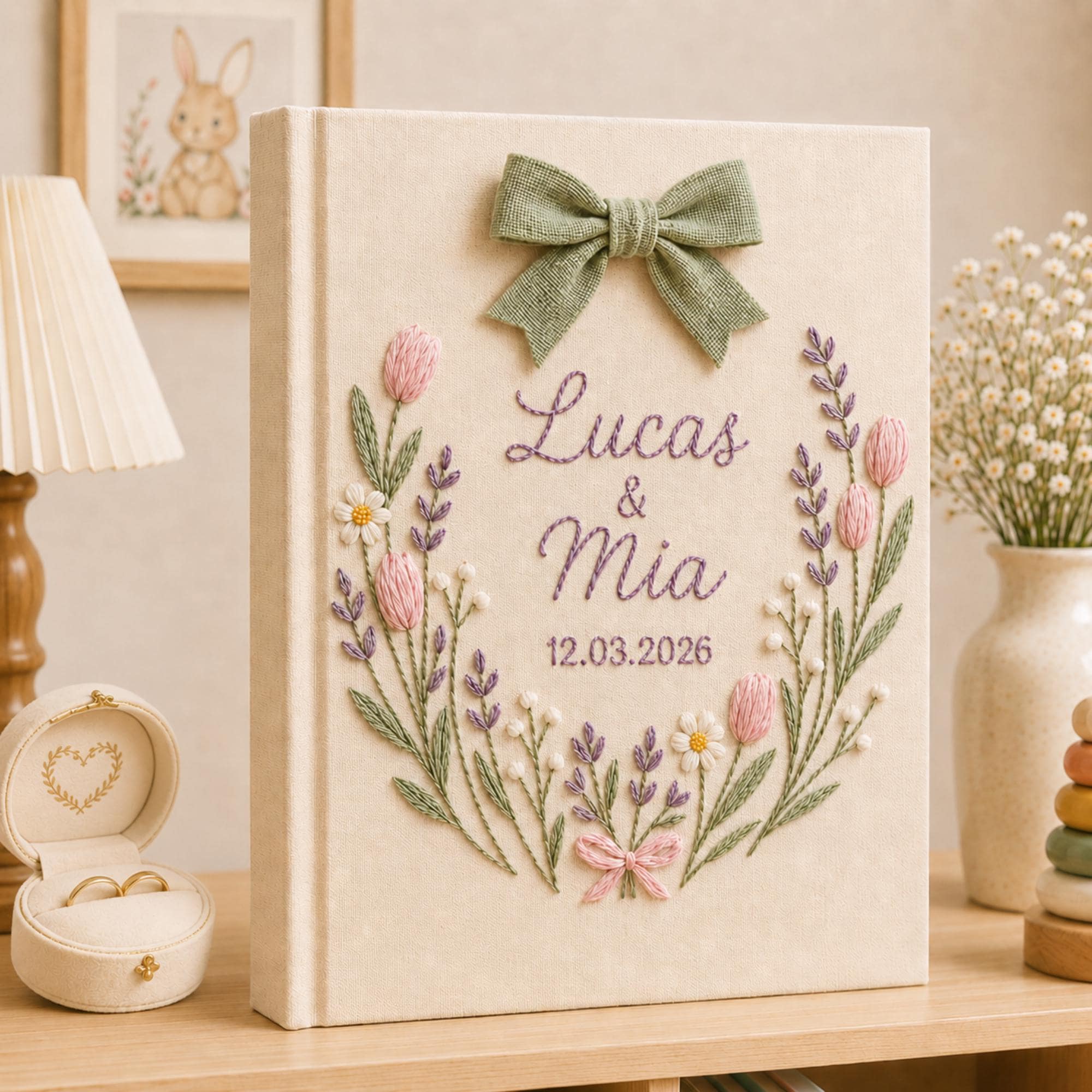 Custom Hand Embroidered Photo Album With Sleeves, Floral Wedding Keepsake Album, Linen Baby Memory Book, Anniversary Gift Photo Album