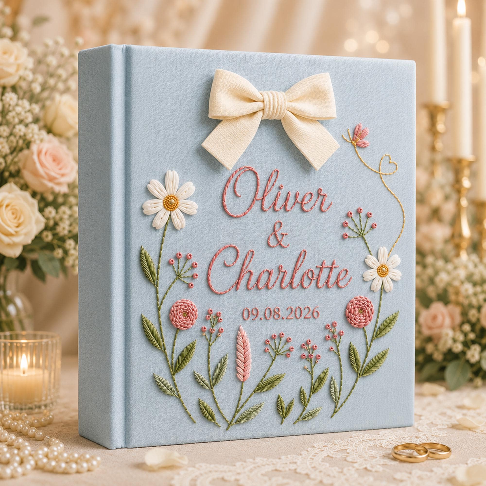 Custom Hand Embroidered Floral Linen Wedding Photo Album, Embroidered Floral Linen Memory Book, Baby Photo Gift, Anniversary Keepsake Gift