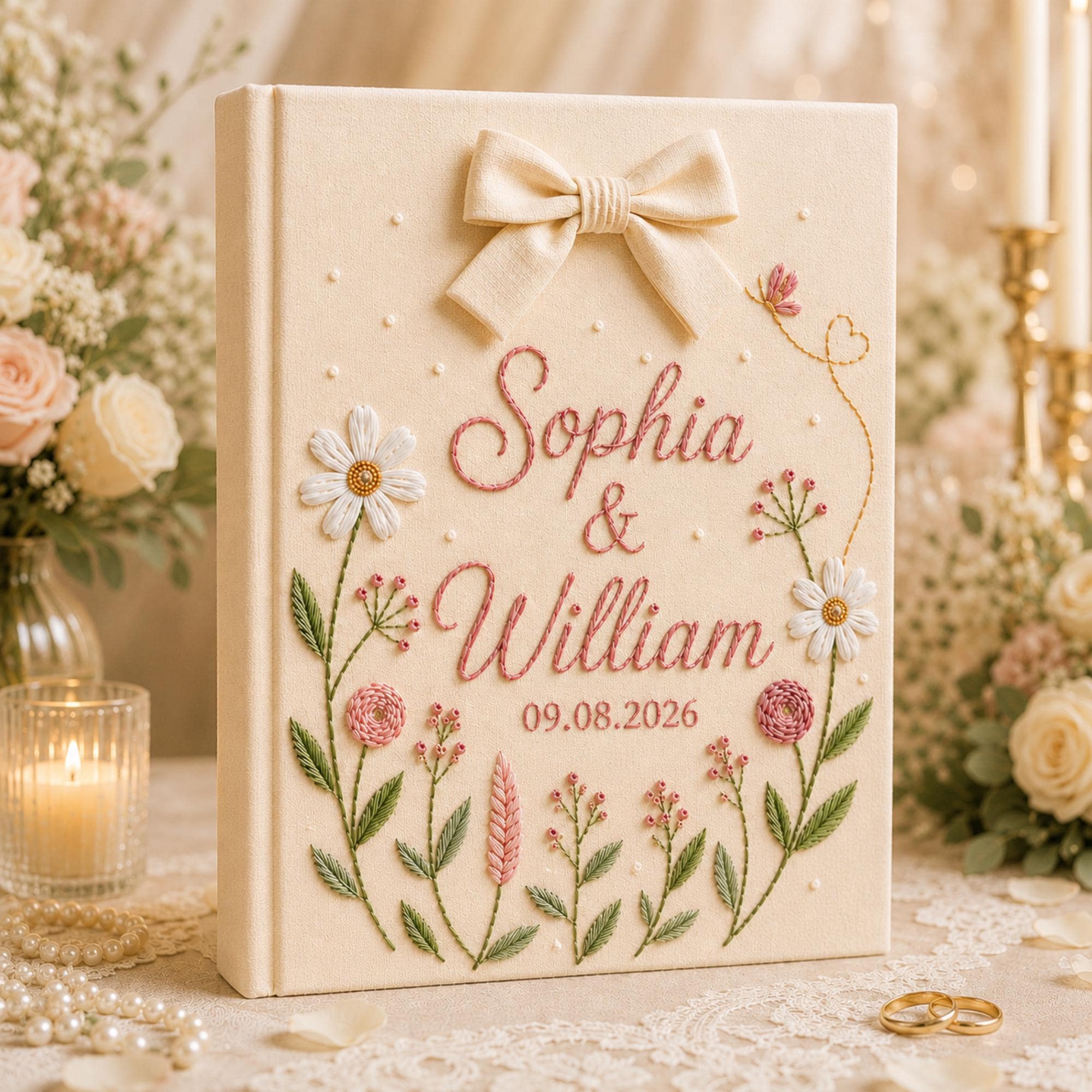 Custom Hand Embroidered Floral Linen Wedding Photo Album, Embroidered Floral Linen Memory Book, Baby Photo Gift, Anniversary Keepsake Gift