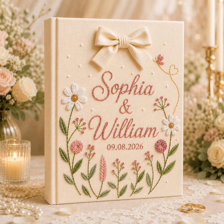 Custom Hand Embroidered Floral Linen Wedding Photo Album, Embroidered Floral Linen Memory Book, Baby Photo Gift, Anniversary Keepsake Gift