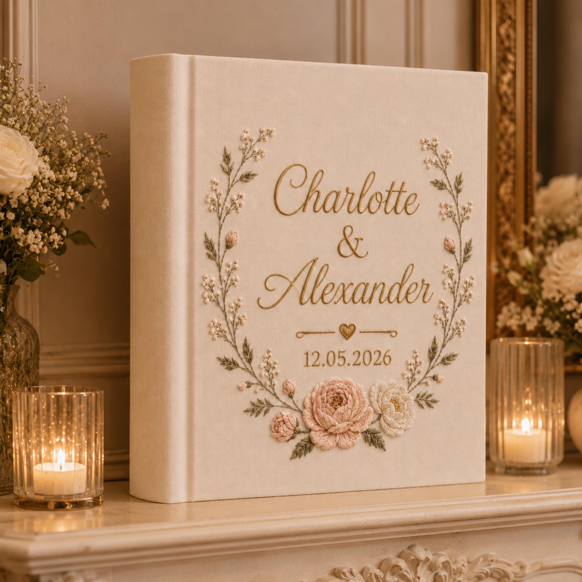 Custom Hand Embroidered Linen Photo Album, Floral Wedding Keepsake Album, Custom Memory Book, Flower Embroidered Photo Album