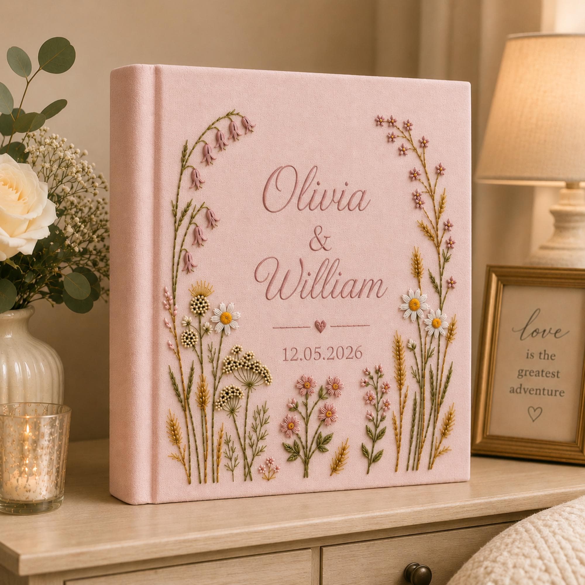 Vintage Wildflower Hand Embroidered Wedding Photo Album With Sleeves, Floral Wedding Keepsake Album, Baby Photo Album, Custom Memory Book