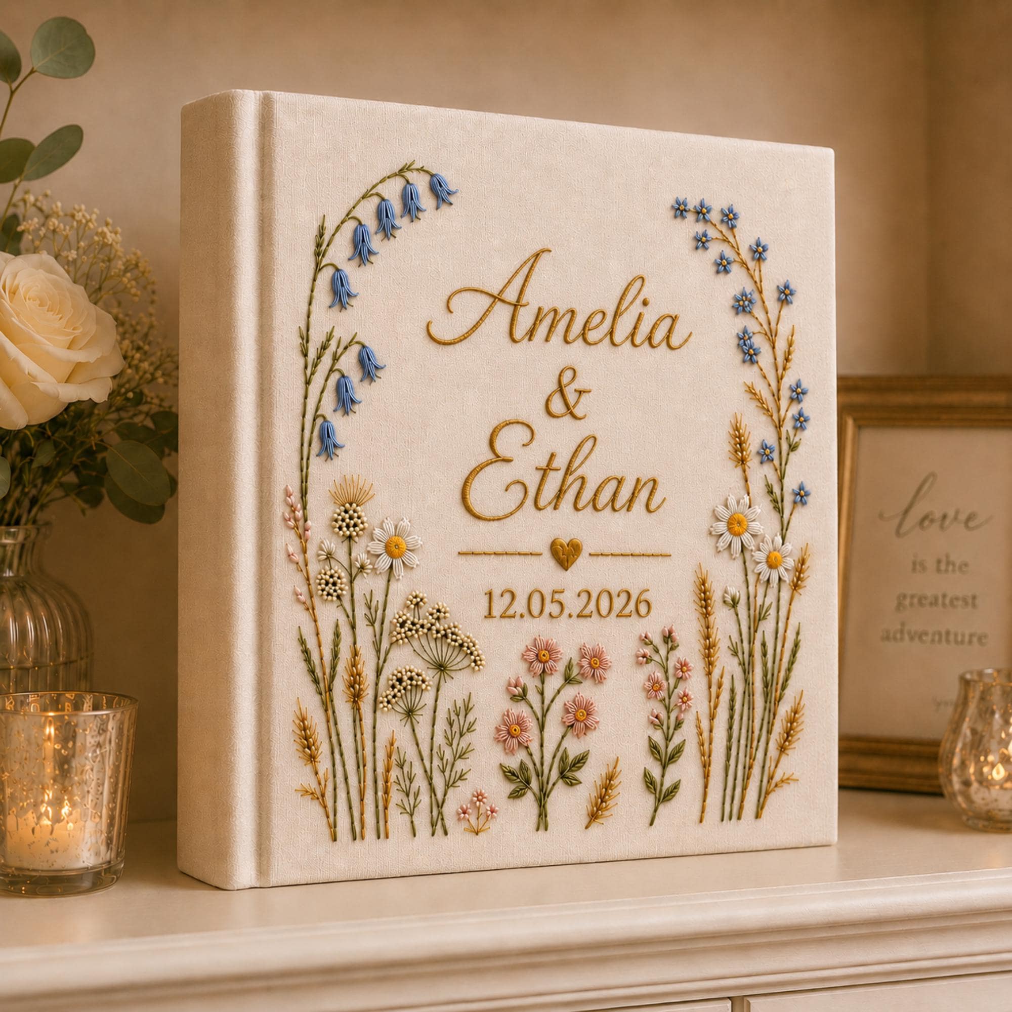 Vintage Wildflower Hand Embroidered Wedding Photo Album With Sleeves, Floral Wedding Keepsake Album, Baby Photo Album, Custom Memory Book