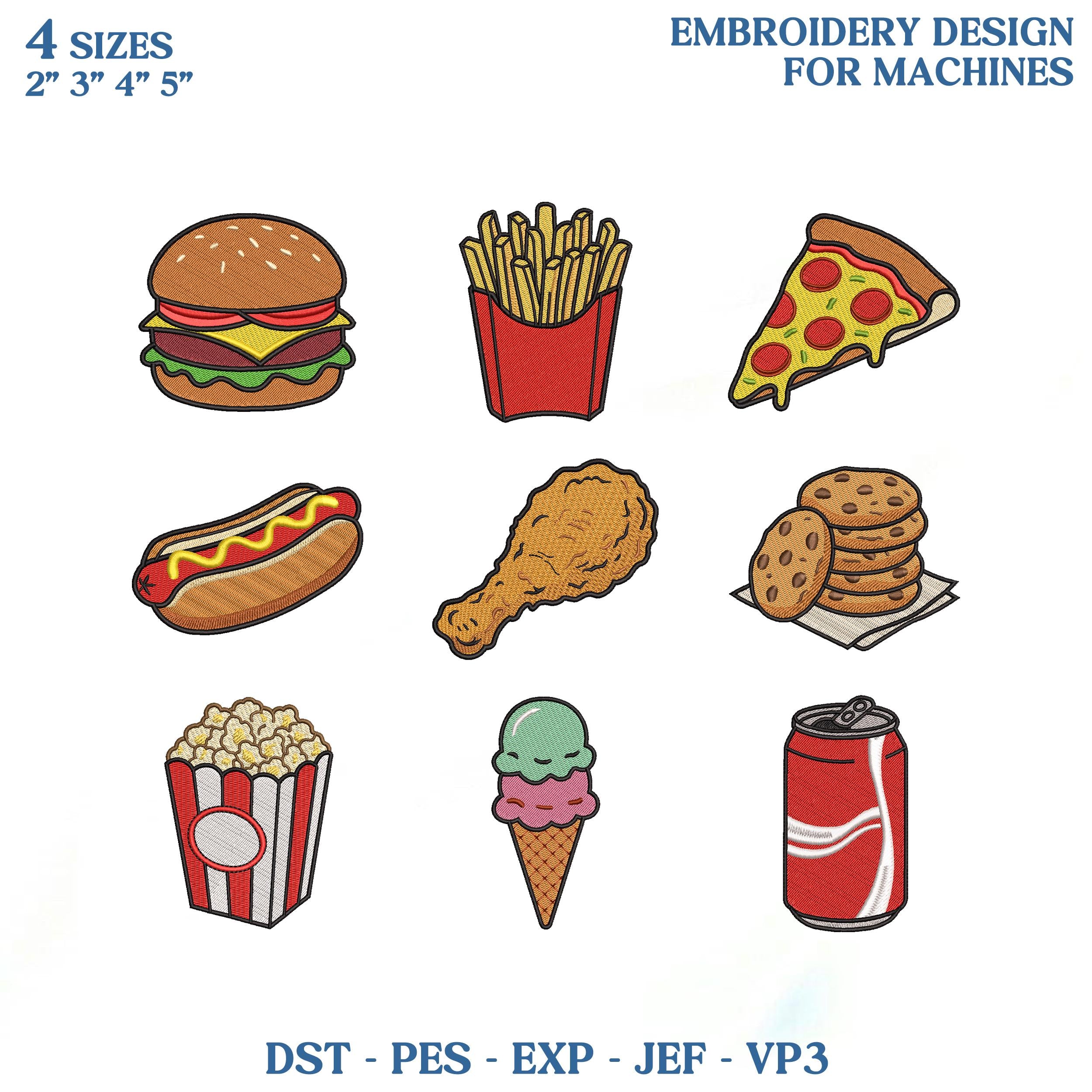 Junk Food Embroidery Design Bundle, Fast Food Embroidery File, Burger Pizza Fries Snack Machine Embroidery, Kids Food PES