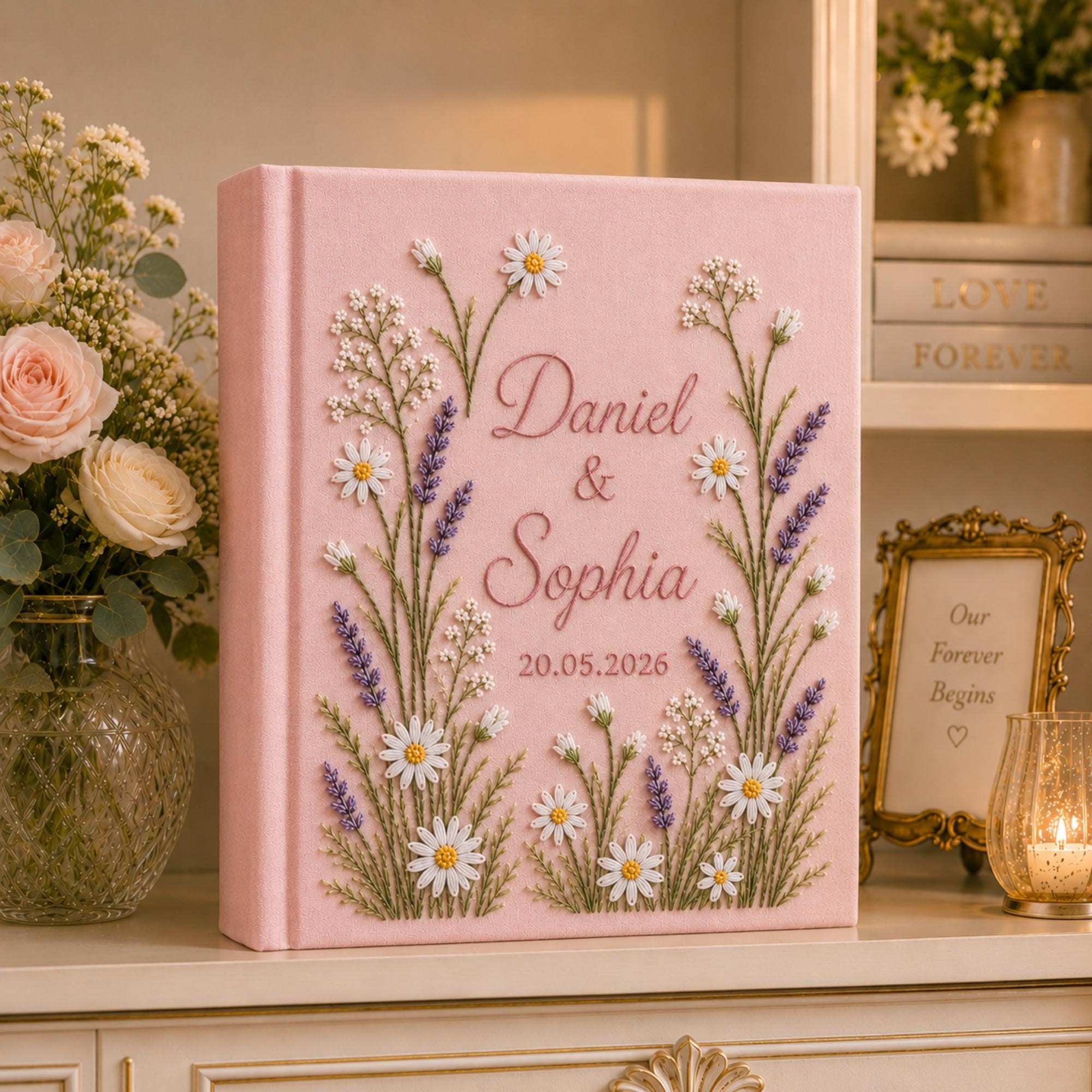 Hand-Embroidered Wildflower Linen Photo Album, Floral Wedding Keepsake Album, Wedding Memory Book, Bride Groom Gift, Anniversary Photo Book