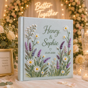 Hand-Embroidered Wildflower Linen Photo Album, Floral Wedding Keepsake Album, Wedding Memory Book, Bride Groom Gift, Anniversary Photo Book