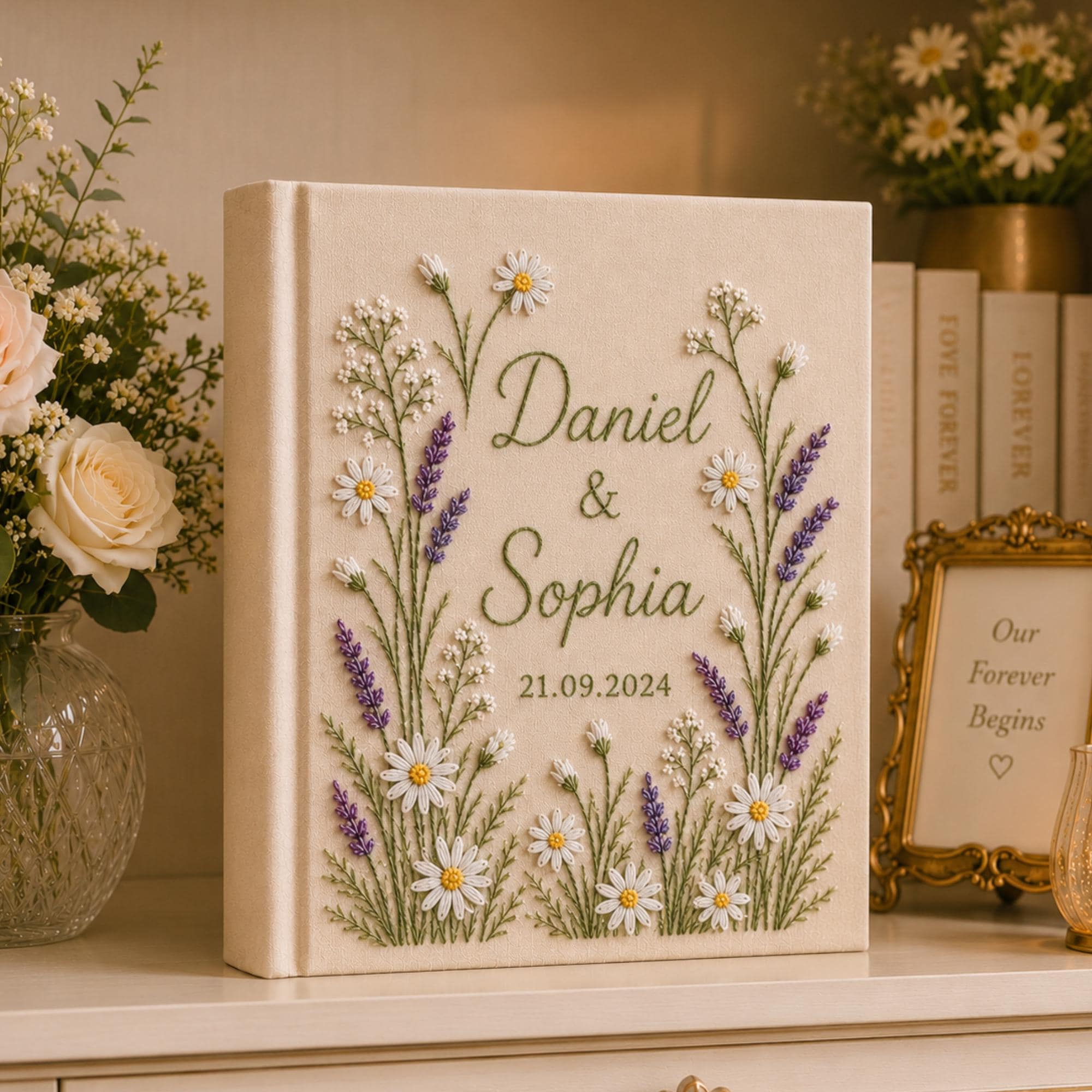 Hand-Embroidered Wildflower Linen Photo Album, Floral Wedding Keepsake Album, Wedding Memory Book, Bride Groom Gift, Anniversary Photo Book