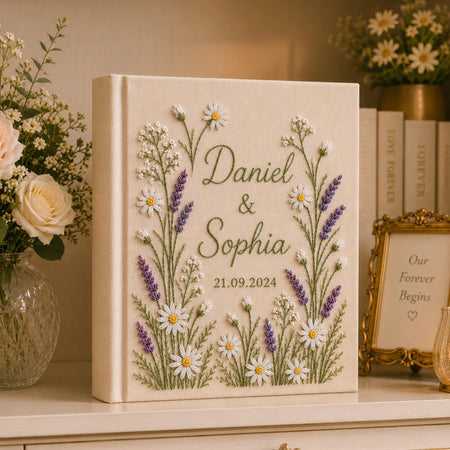 Hand-Embroidered Wildflower Linen Photo Album, Floral Wedding Keepsake Album, Wedding Memory Book, Bride Groom Gift, Anniversary Photo Book