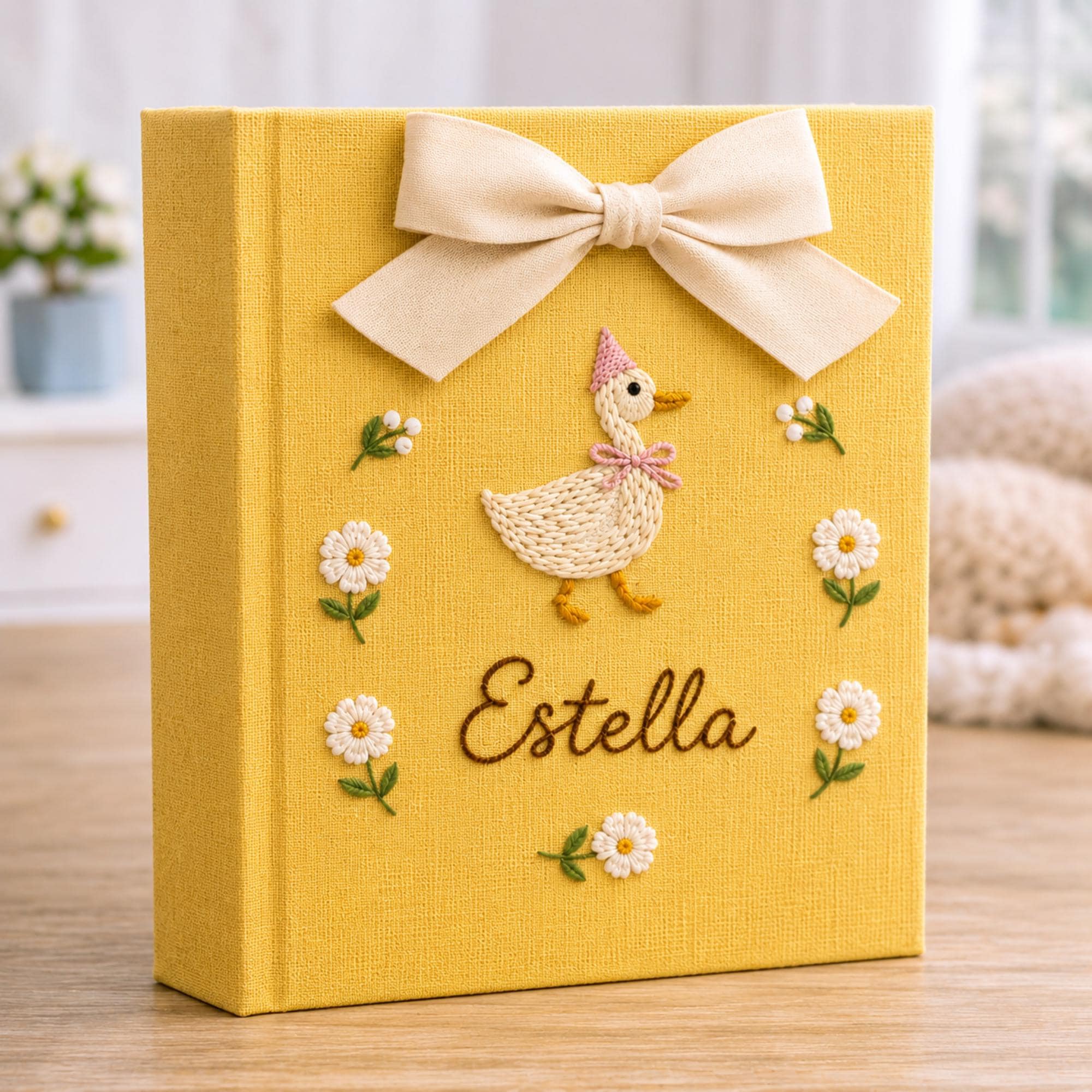 Personalized Floral Goose Baby Embroidered Photo Album, Custom Hand Embroidered Keepsake Album, Linen Memory Book, Girl Nursery Album