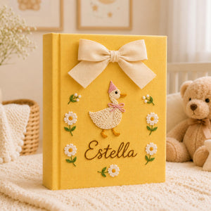Personalized Floral Goose Baby Embroidered Photo Album, Custom Hand Embroidered Keepsake Album, Linen Memory Book, Girl Nursery Album