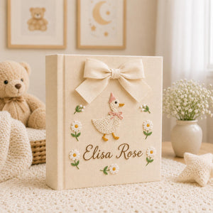 Personalized Floral Goose Baby Embroidered Photo Album, Embroidered Goose Keepsake Album, Linen Baby Memory Book, Unique Girl Newborn Gifts
