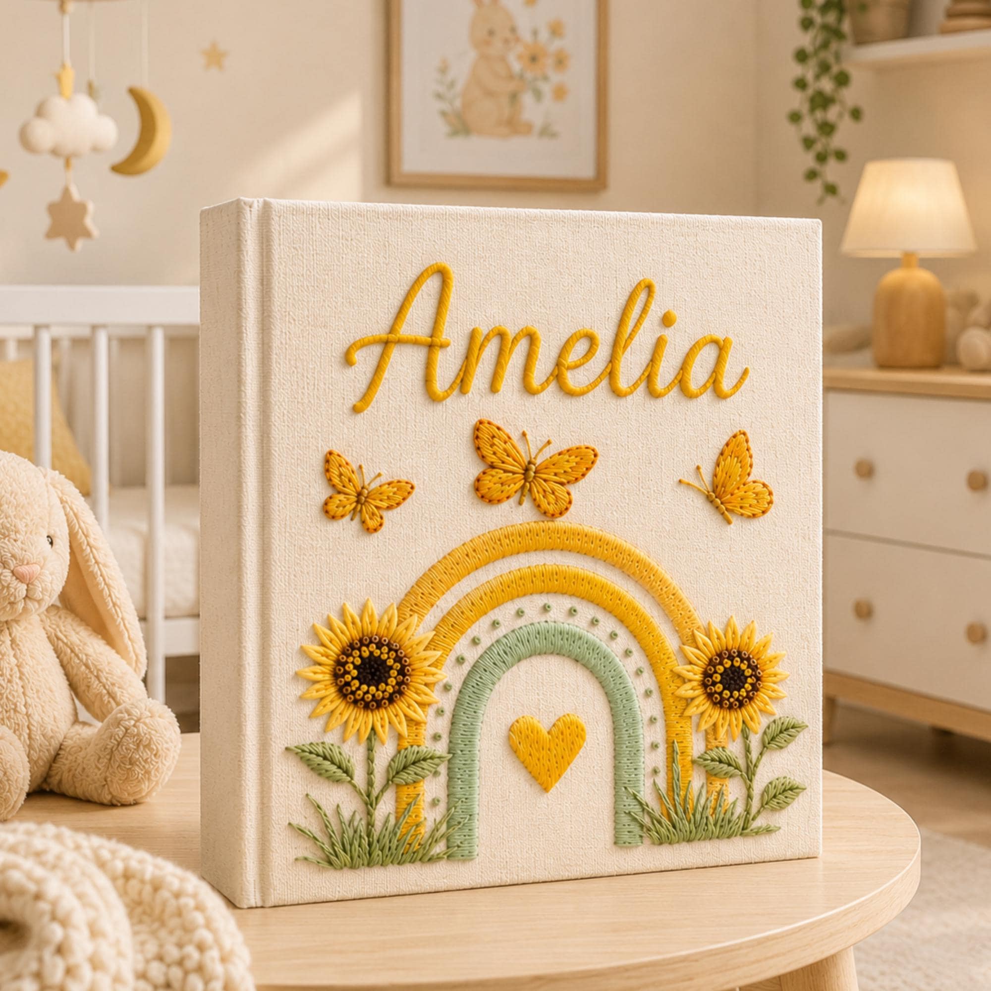 Custom Hand Embroidered Baby Photo Album, Embroidered Floral Rainbow Memory Book, Custom Newborn Keepsake Album, Baby Shower Gift