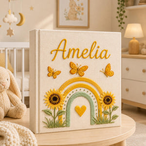 Custom Hand Embroidered Baby Photo Album, Embroidered Floral Rainbow Memory Book, Custom Newborn Keepsake Album, Baby Shower Gift