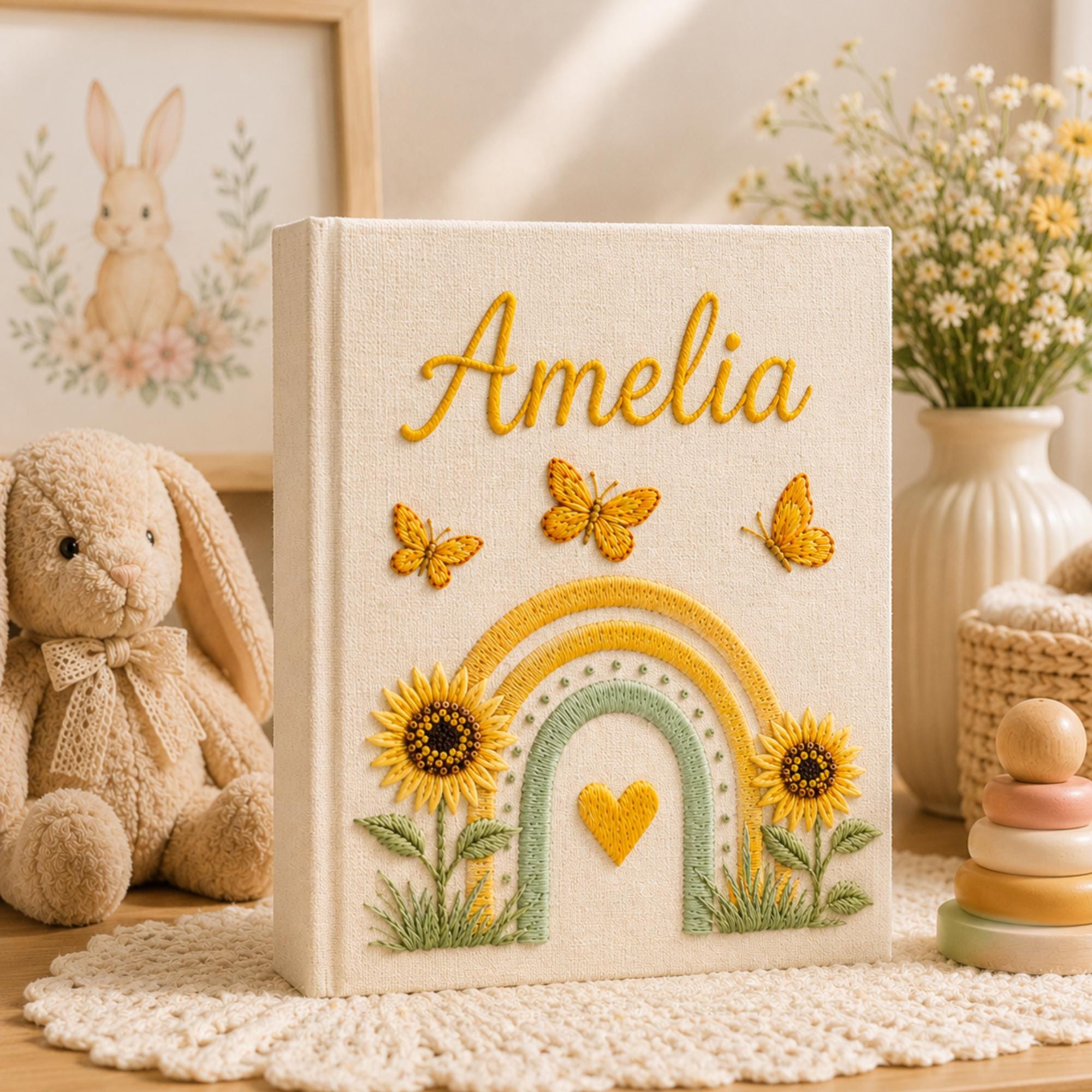 Custom Hand Embroidered Baby Photo Album, Embroidered Floral Rainbow Memory Book, Custom Newborn Keepsake Album, Baby Shower Gift